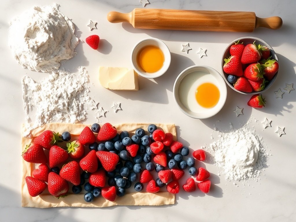 Flat lay of ingredients for an American flag fruit pizza including strawberries, blueberries, cream cheese, flour, and butter on marble.