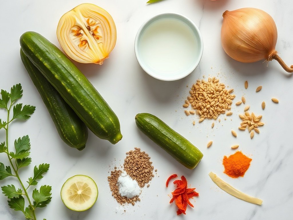 Top-down flat lay of bread and butter pickles ingredients including cucumbers, onion, vinegar, sugar, and spices on marble surface