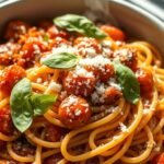 Close-up of roasted cherry tomato pasta with fresh basil and Parmesan cheese.