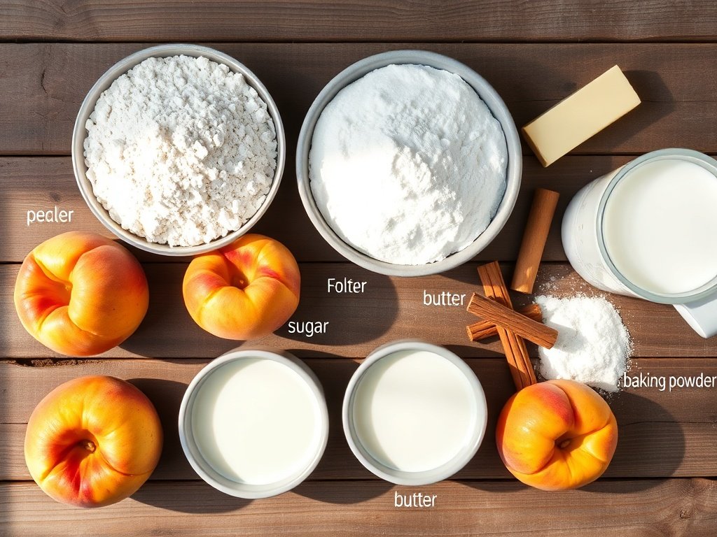 Flat lay of fresh peaches, flour, sugar, and baking ingredients for peach cobbler