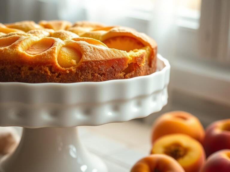 A slice of golden peach cake with fresh peach pieces on a white plate