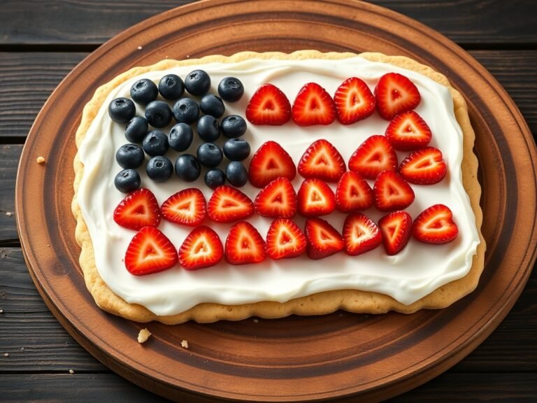 Close-up of a patriotic American flag fruit pizza with strawberries, blueberries, and raspberries arranged on a sugar cookie crust.