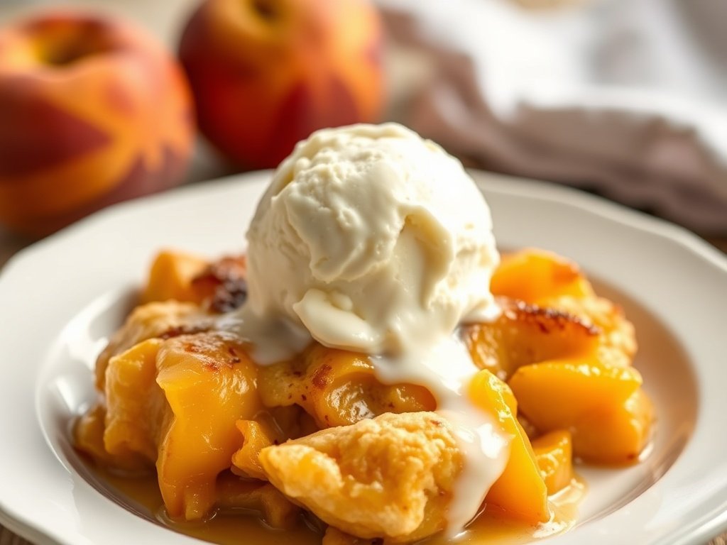 Scoop of vanilla ice cream melting over warm Air Fryer Peach Cobbler in a dessert bowl