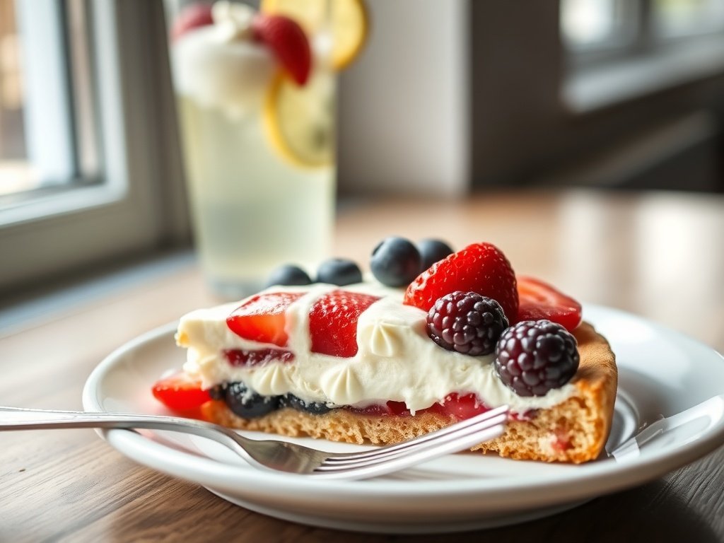 A slice of American flag fruit pizza on a white plate, showing the cookie crust and cream cheese frosting topped with strawberries and blueberries.