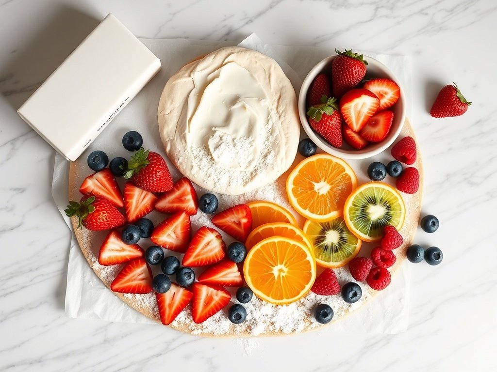 Flat lay of fruit pizza ingredients: cookie dough, cream cheese, powdered sugar, vanilla, strawberries, blueberries, kiwi, oranges, raspberries.