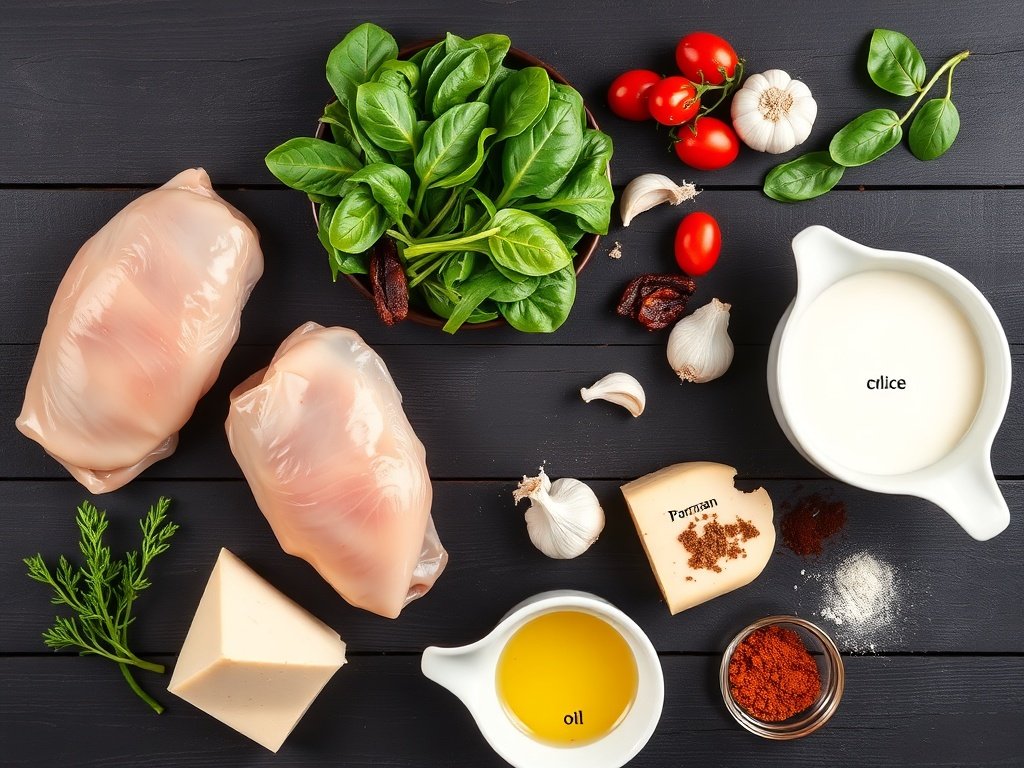 Fresh ingredients for high protein low carb Creamy Tuscan Garlic Chicken arranged on a wooden board