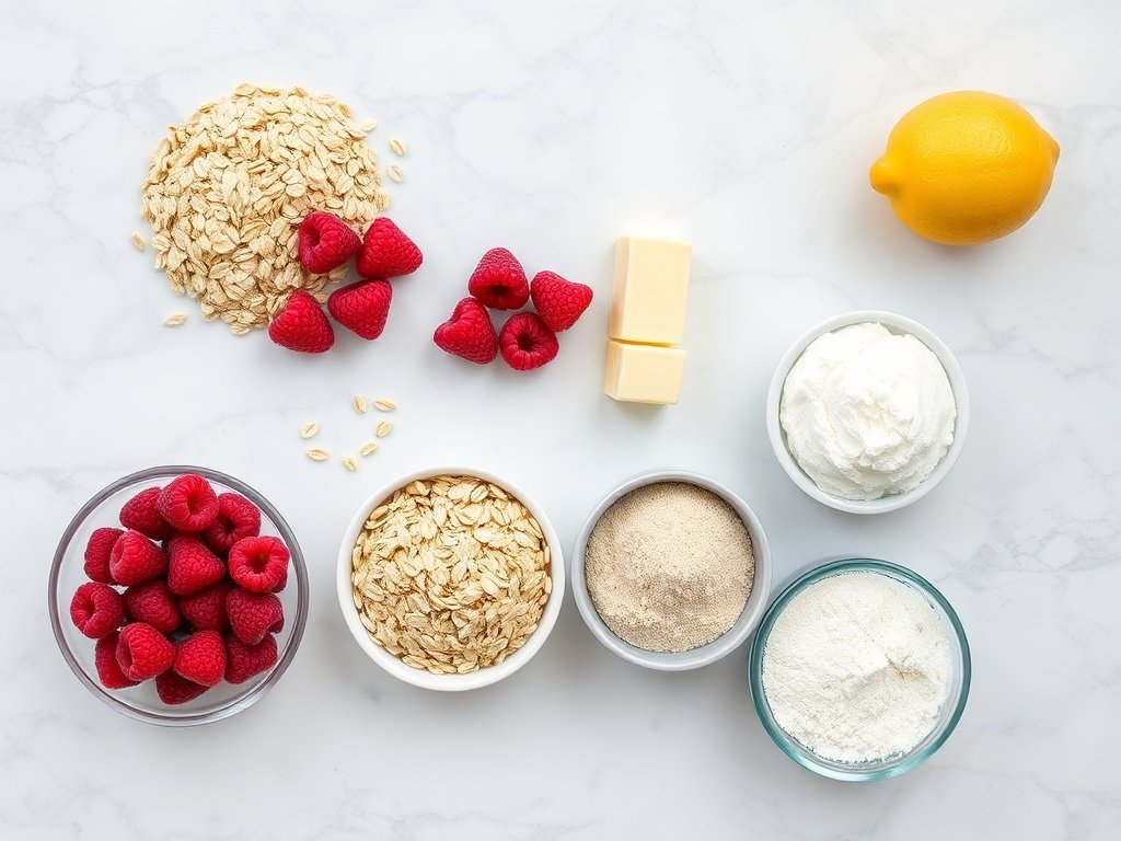 Flat lay of oats, raspberries, butter, flour, and sugar for raspberry crumble bars recipe.