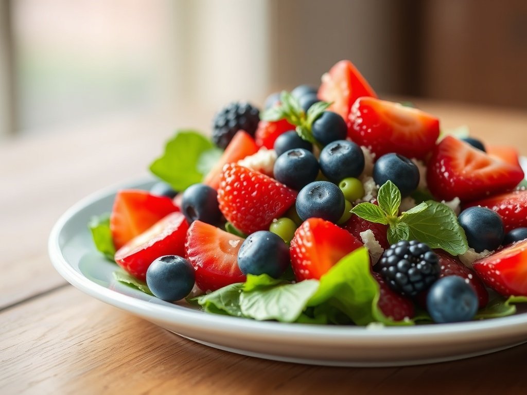 Plated healthy 4th of July food salad with vinaigrette