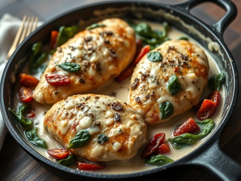 Creamy Tuscan Garlic Chicken with spinach and sun-dried tomatoes in a skillet, high protein low carb healthy dinner