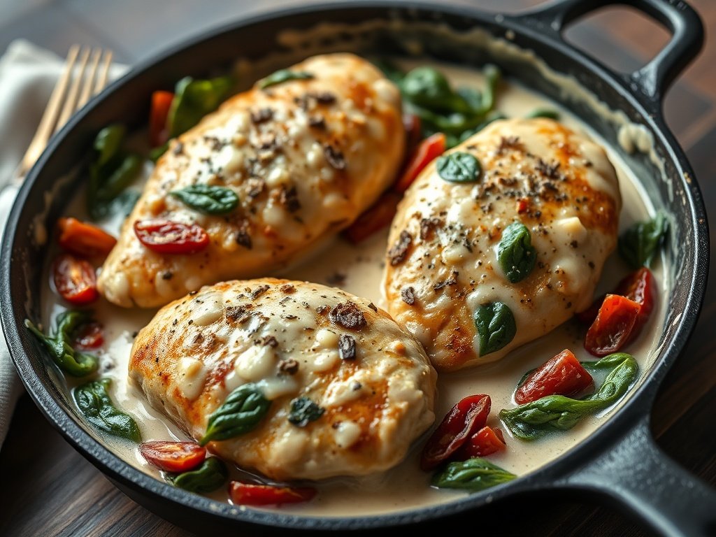 Creamy Tuscan Garlic Chicken with spinach and sun-dried tomatoes in a skillet, high protein low carb healthy dinner
