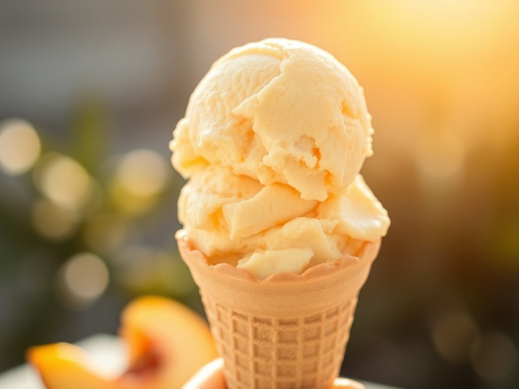 Peach ice cream cone held up against blurred greenery, with fresh peaches in the background