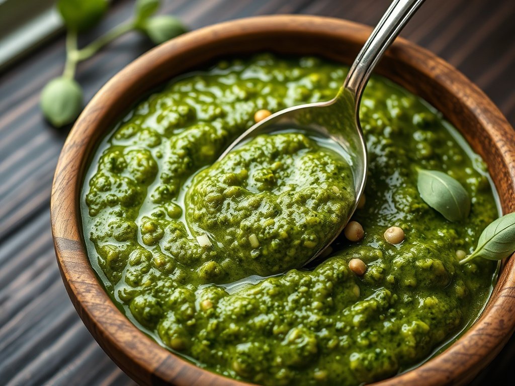 A bowl of fresh homemade basil pesto being scooped with a spoon on a rustic background.