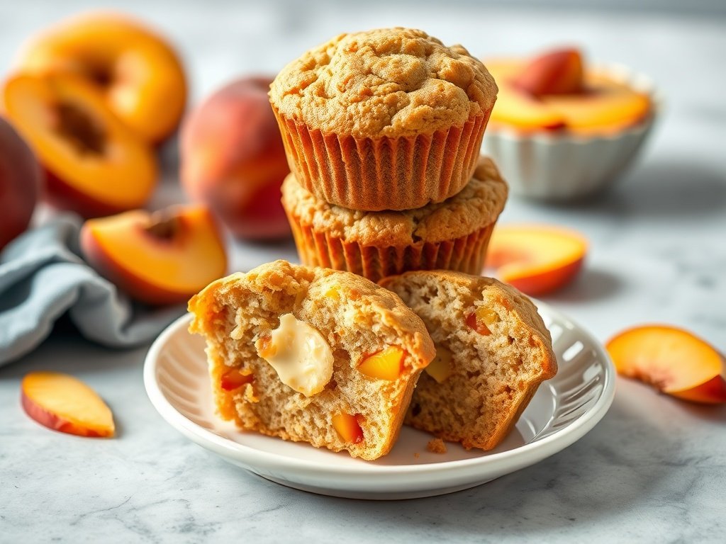 Stack of peach muffins served on a plate