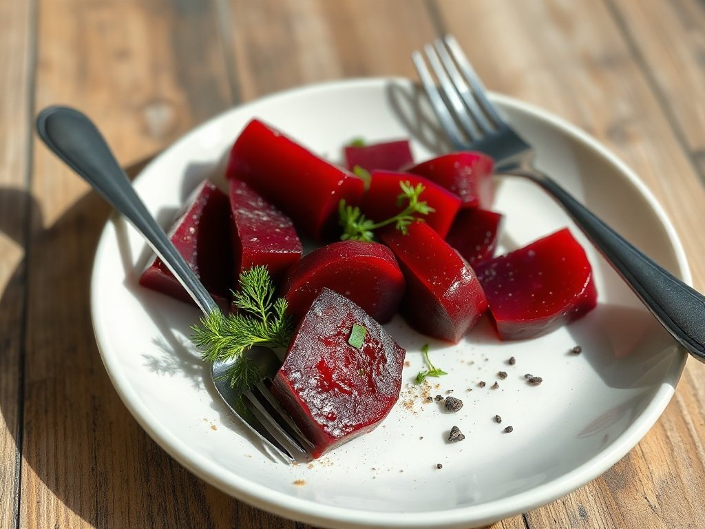 Fanned slices of pickled beets on a white plate garnished with fresh dill.