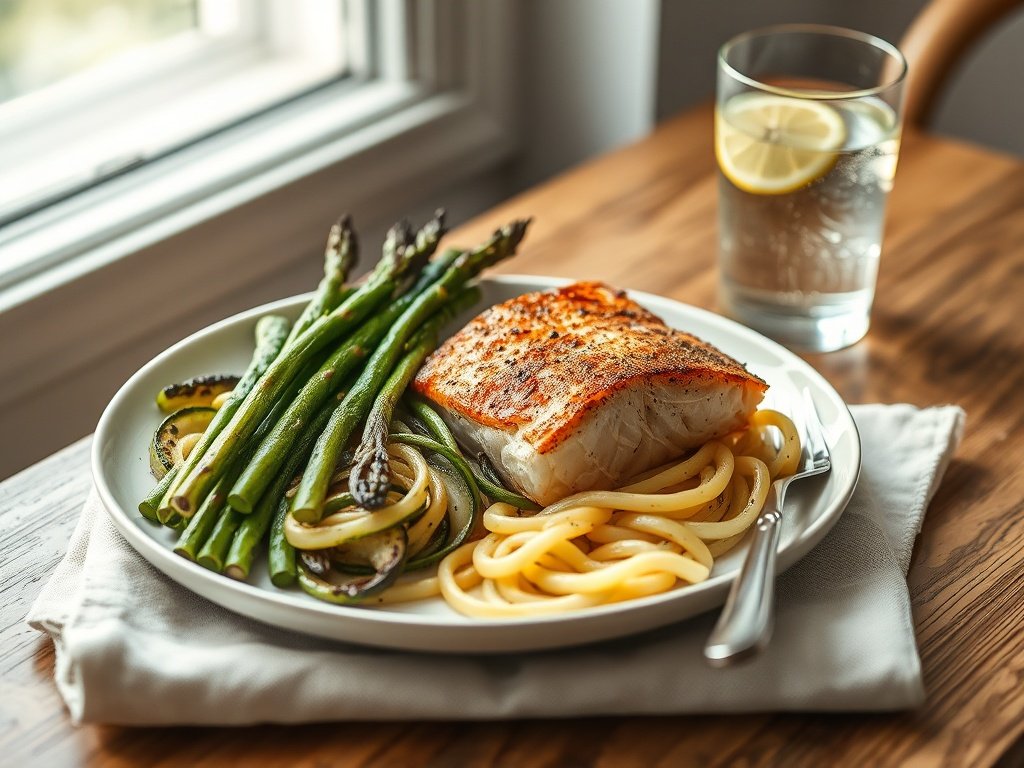 Plated air fryer salmon dinner with asparagus and zucchini noodles on a wooden table, healthy meal.
