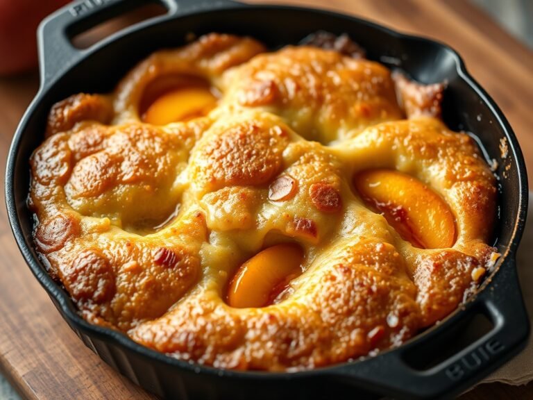 Homemade easy peach cobbler with golden crust and juicy peaches in a cast iron skillet.