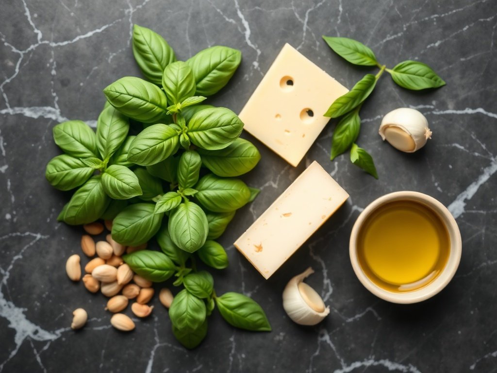 Fresh basil, pine nuts, Parmesan cheese, and olive oil on a marble surface.