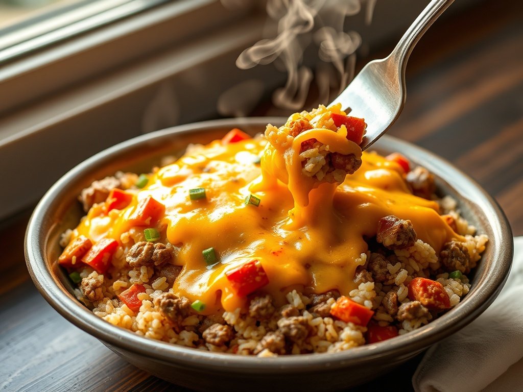 Steaming bowl of cheesy ground beef and rice with melted cheddar and fresh parsley