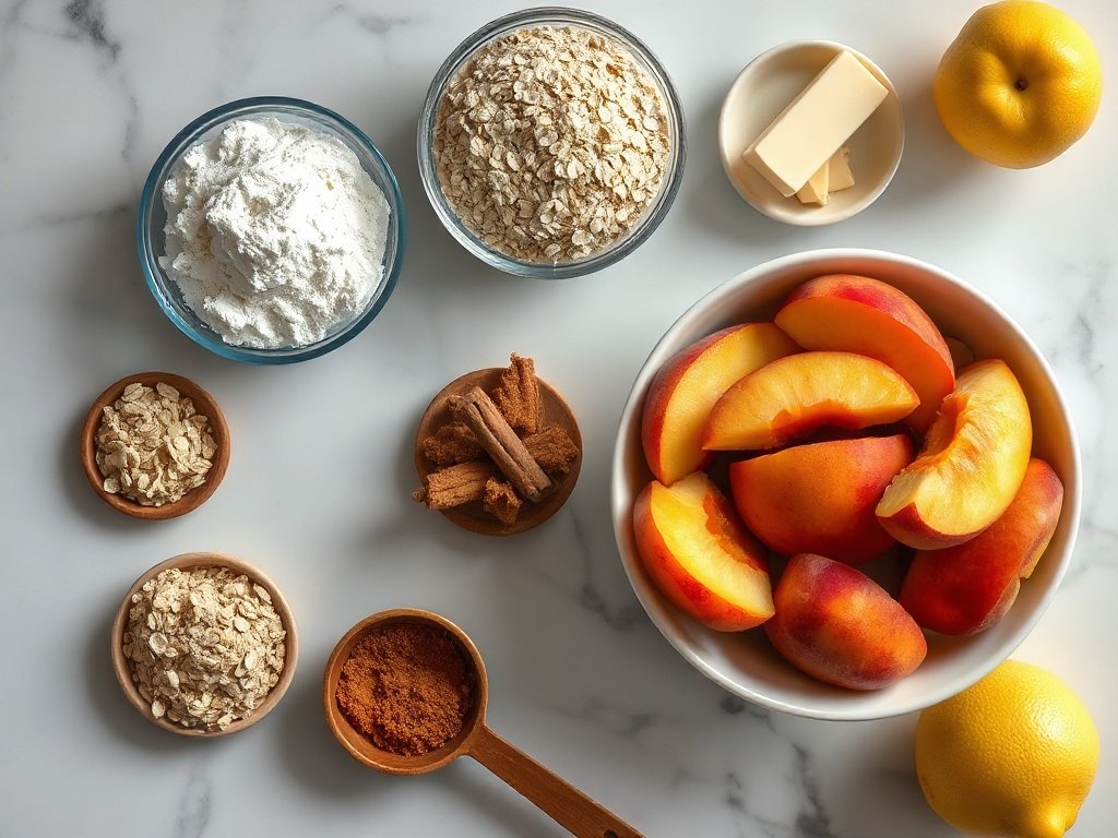 Top view of ingredients for peach crisp: sliced peaches, oats, flour, brown sugar, butter, cinnamon.