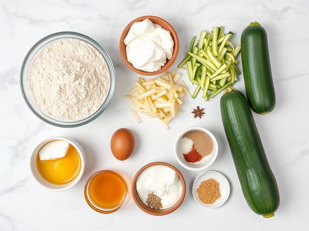 Flat lay of ingredients for healthy zucchini bread including zucchini, flour, egg, and honey.