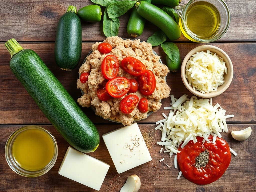 Ingredients for zucchini boat recipes arranged on a wooden surface.