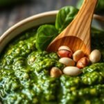 A bowl of vibrant green homemade basil pesto with pine nuts and basil leaf on top.