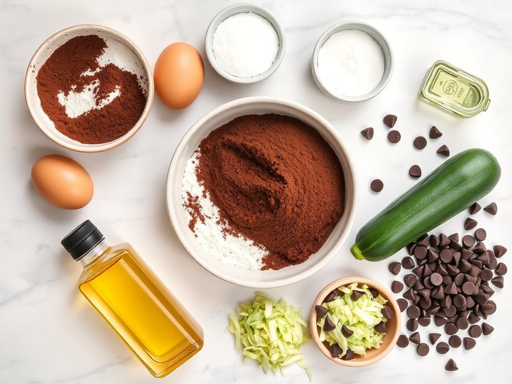 Flat lay of ingredients for chocolate zucchini bread including flour, cocoa, zucchini, and chocolate chips.