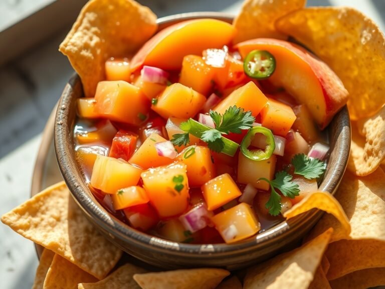 Fresh homemade peach salsa in a ceramic bowl surrounded by crispy tortilla chips