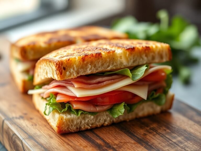 Golden pressed chopped Italian sandwich cut in half revealing chopped meat, cheese, and vegetables.