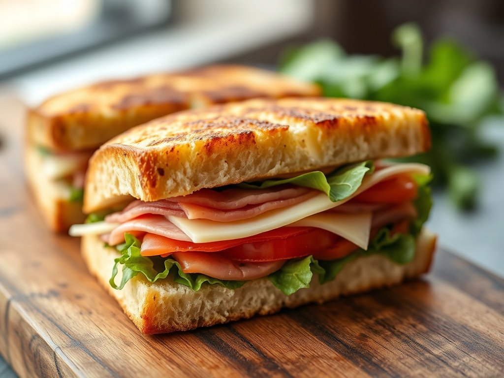 Golden pressed chopped Italian sandwich cut in half revealing chopped meat, cheese, and vegetables.