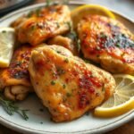 Juicy air fryer lemon herb chicken thighs on a plate after cooking
