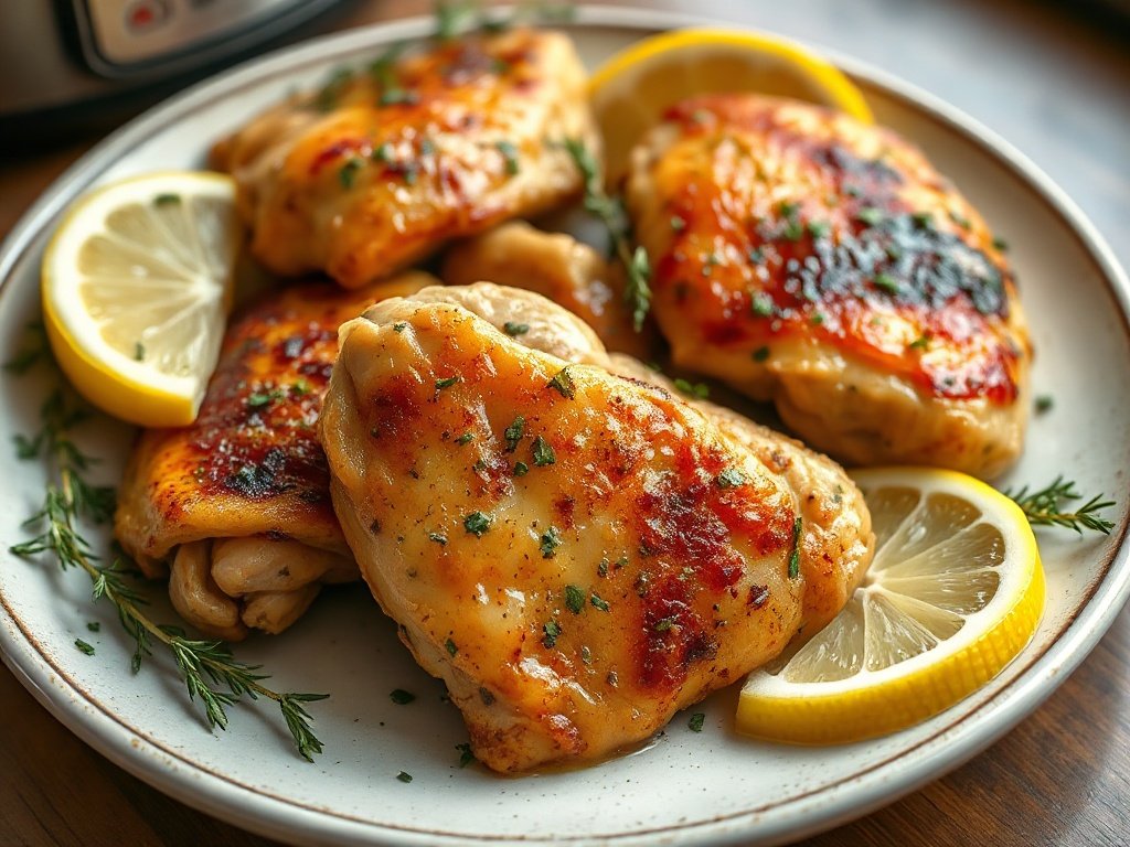 Juicy air fryer lemon herb chicken thighs on a plate after cooking