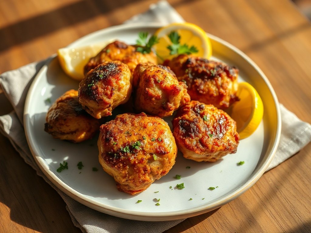 High protein air fryer chicken bites plated with lemon and fresh parsley.