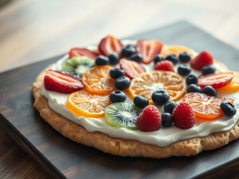 Vibrant fruit pizza with sugar cookie crust, cream cheese frosting, strawberries, kiwi, blueberries, oranges, and raspberries.