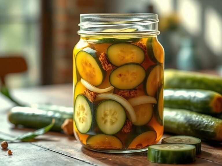 Glass jar filled with homemade bread and butter pickles with sliced cucumbers and onions in golden brine on a rustic wooden table
