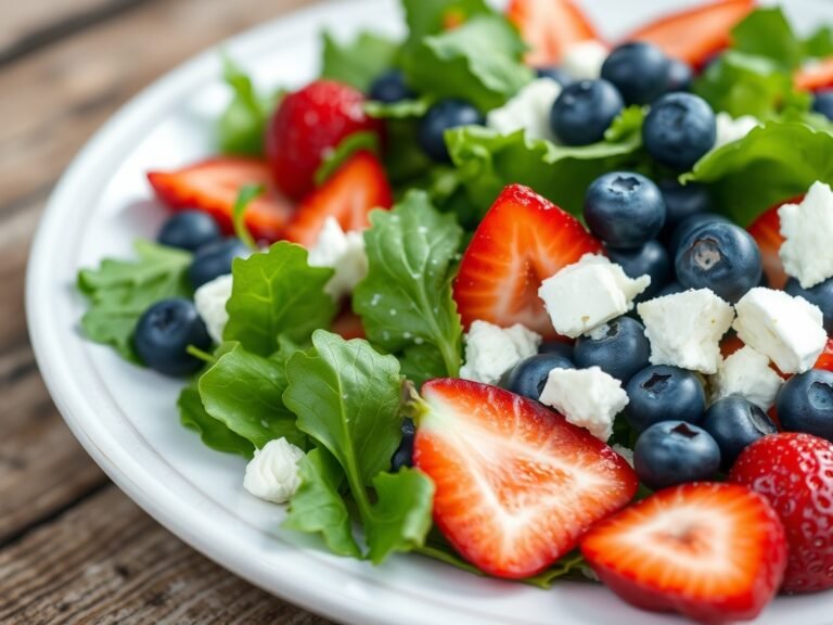 Healthy 4th of July food salad with strawberries and blueberries