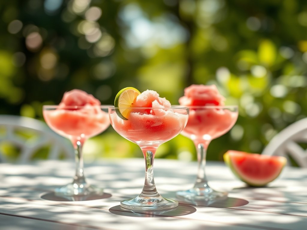 Three elegant coupe glasses filled with fluffy watermelon sorbet on a sunny outdoor table.