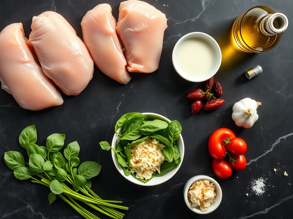 Top down flat lay of all ingredients for a Creamy Tuscan Garlic Chicken recipe.