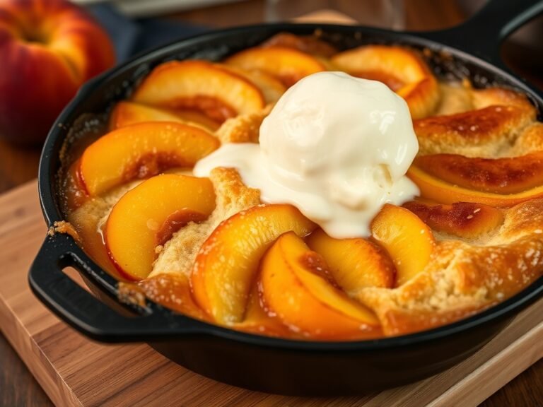 Golden peach cobbler in a cast iron skillet with melting vanilla ice cream on top