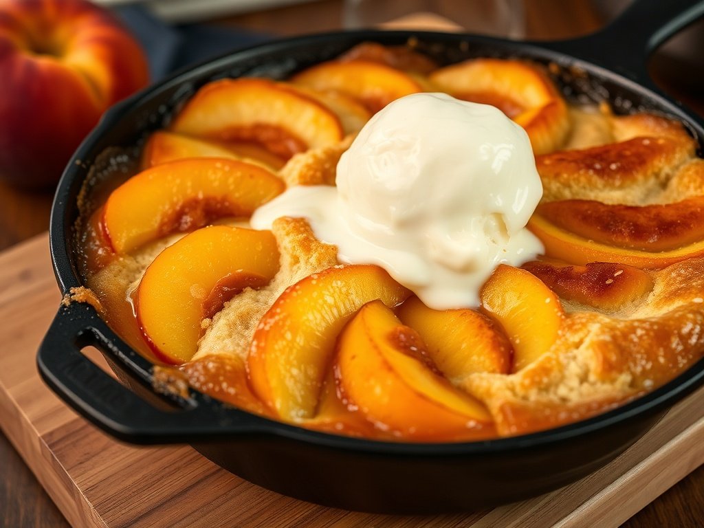 Golden peach cobbler in a cast iron skillet with melting vanilla ice cream on top