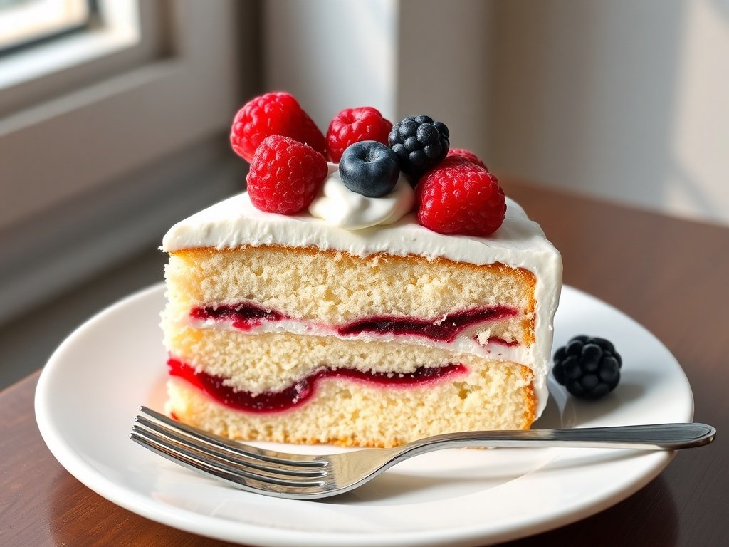 Plated slice of patriotic berry poke cake showing red, white, and blue layers