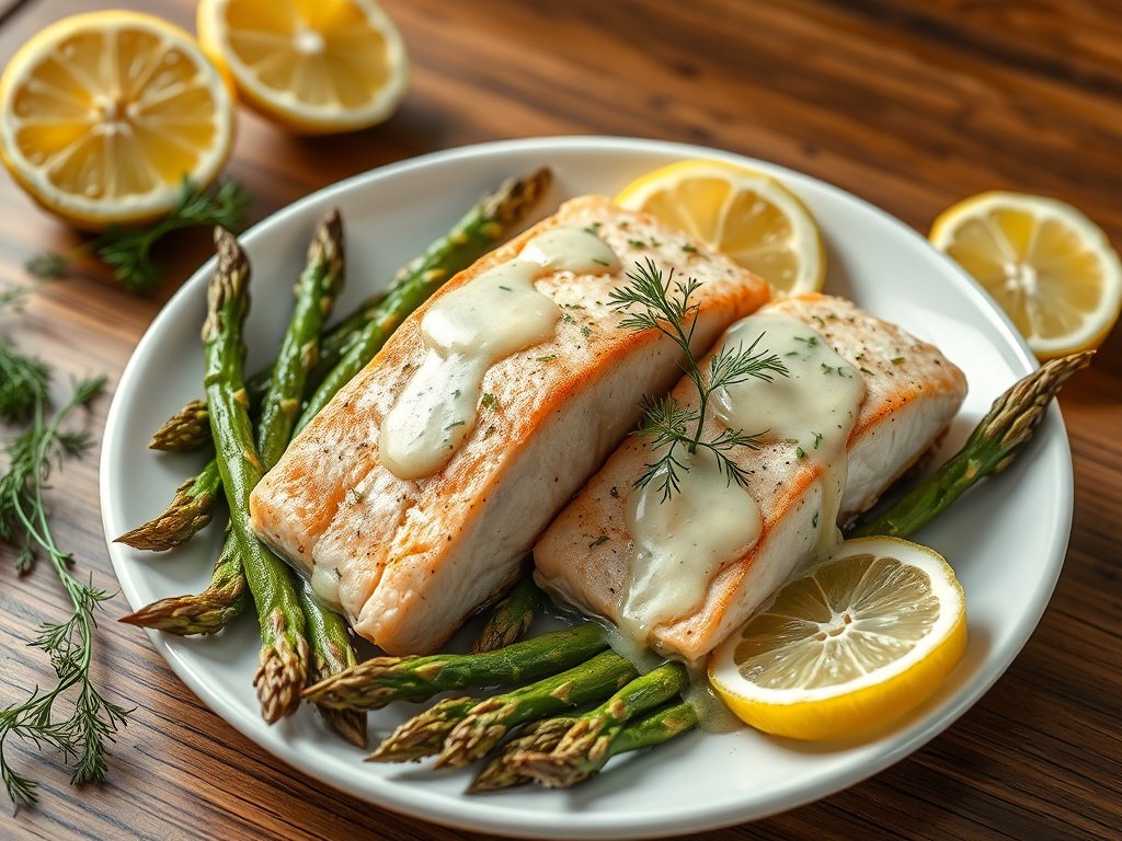 Baked salmon with lemon dill sauce and asparagus on a plate, a healthy high protein low carb dinner