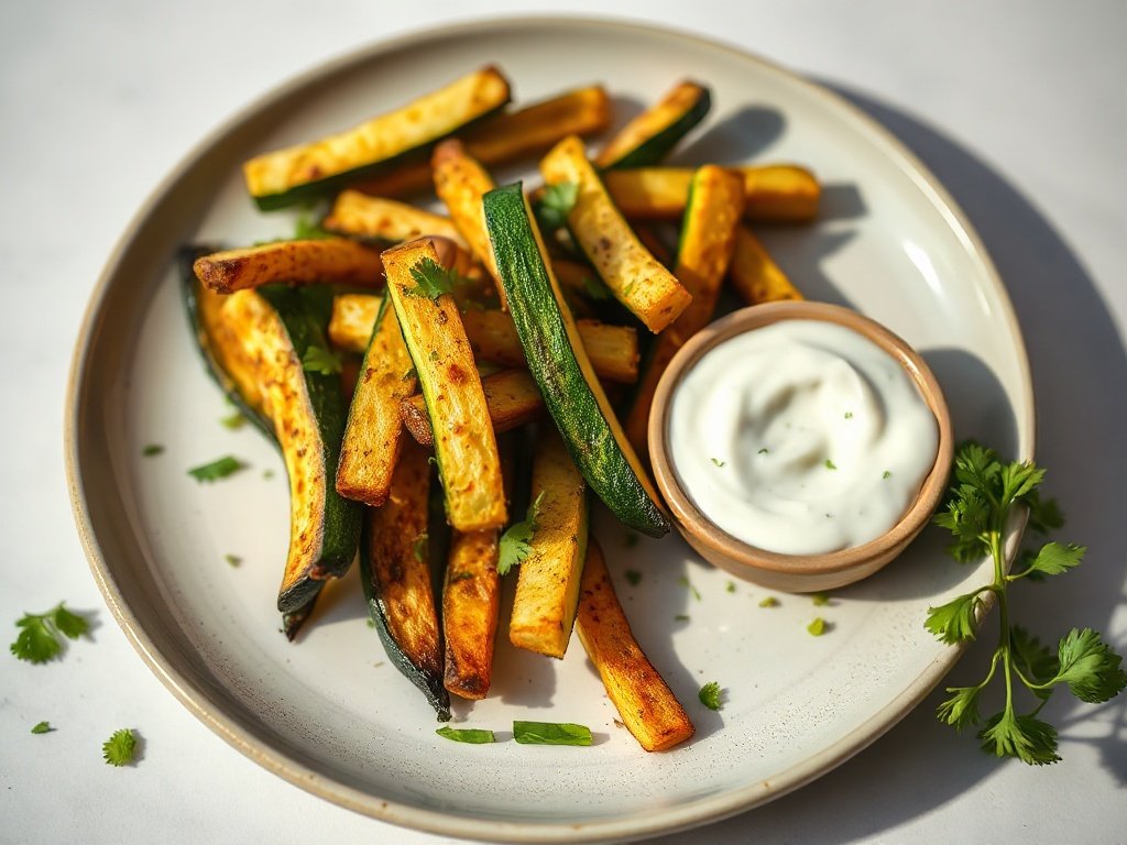 Plated air fryer zucchini fries with dipping sauce