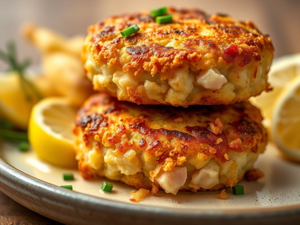 Two stacked golden pan-fried lobster cakes with visible lobster chunks on a plate.