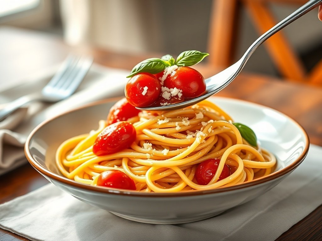Plated roasted cherry tomato pasta garnished with parmesan and basil.