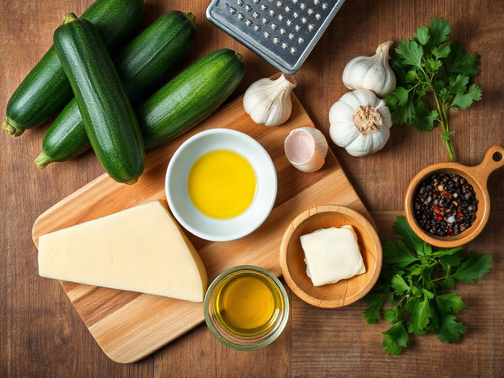 Flat lay arrangement of fresh zucchini, Parmesan cheese, garlic, butter, and herbs on a rustic wooden surface