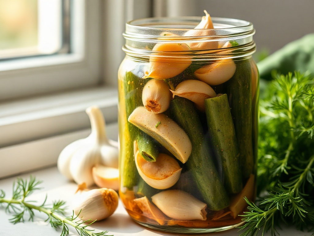 Mason jar filled with crisp homemade refrigerator pickles, fresh dill, and garlic on a rustic wooden surface