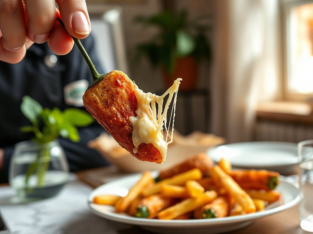 A hand pulling apart a crispy jalapeño popper to show the melted cheese stretch inside.