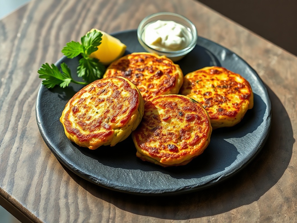 Crispy zucchini fritters served with tzatziki sauce and lemon