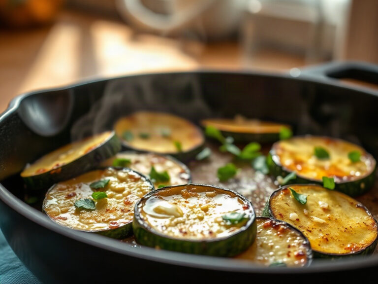 Golden-brown seared zucchini coins in a skillet with melted Parmesan cheese and fresh parsley garnish